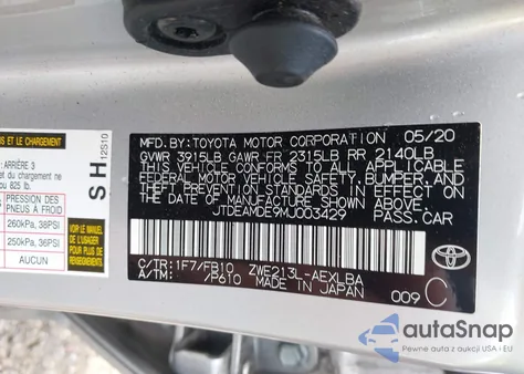 2021 Toyota Corolla Hybrid Le z USA, uszkodzony, nr VIN JTDEAMDE9MJ003429